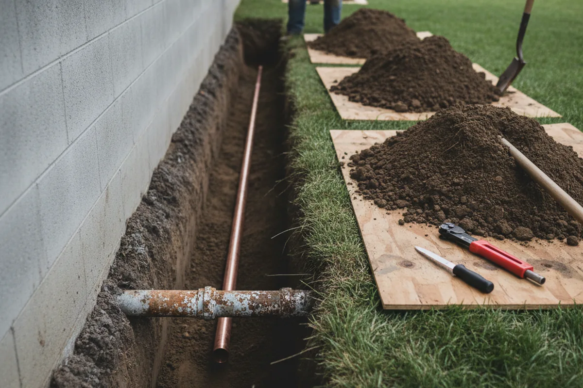Excavated water line trench during Water Heater Repair in Milford